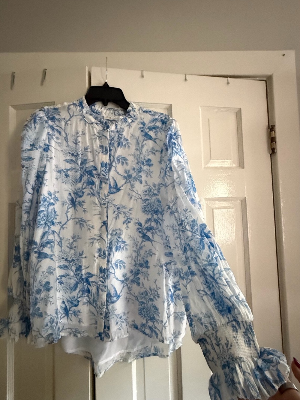 Fate Blue and White Floral Ruffle-Neck Blouse